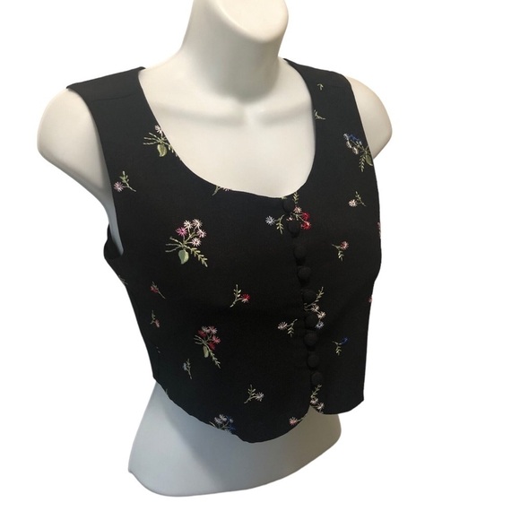 VTG 80’s Cropped Button Front Black Floral Embroidered Vest Size 3 JR Dressy - Picture 4 of 8